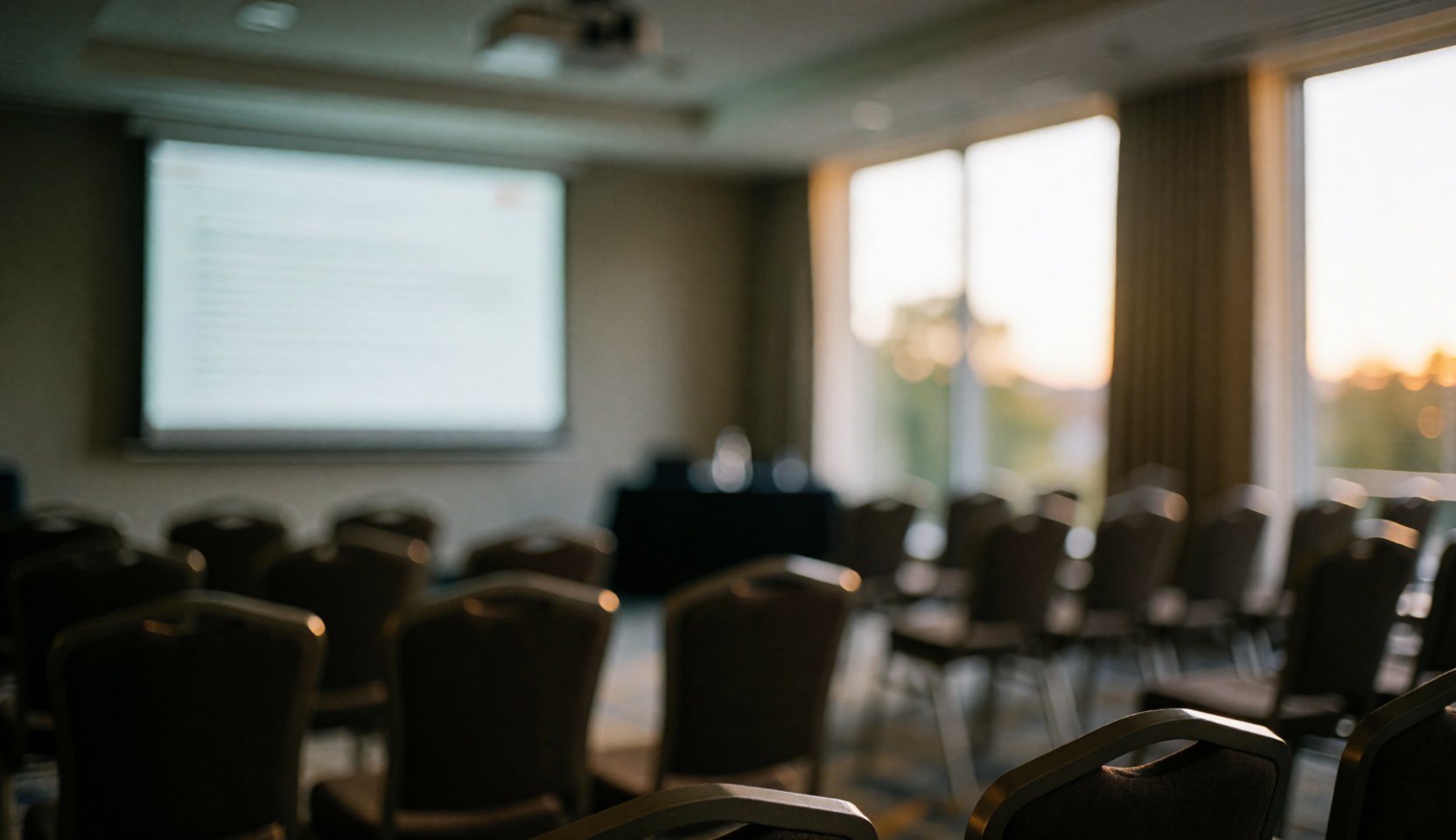 Empty conference room with rows of chairs, a projection screen, and warm natural light from windows, ideal for corporate presentations and training sessions.