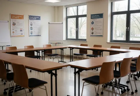 Empty training room featuring U-shaped tables, chairs, educational posters, and windows. Ideal for professional presentations, meetings, and corporate training sessions.