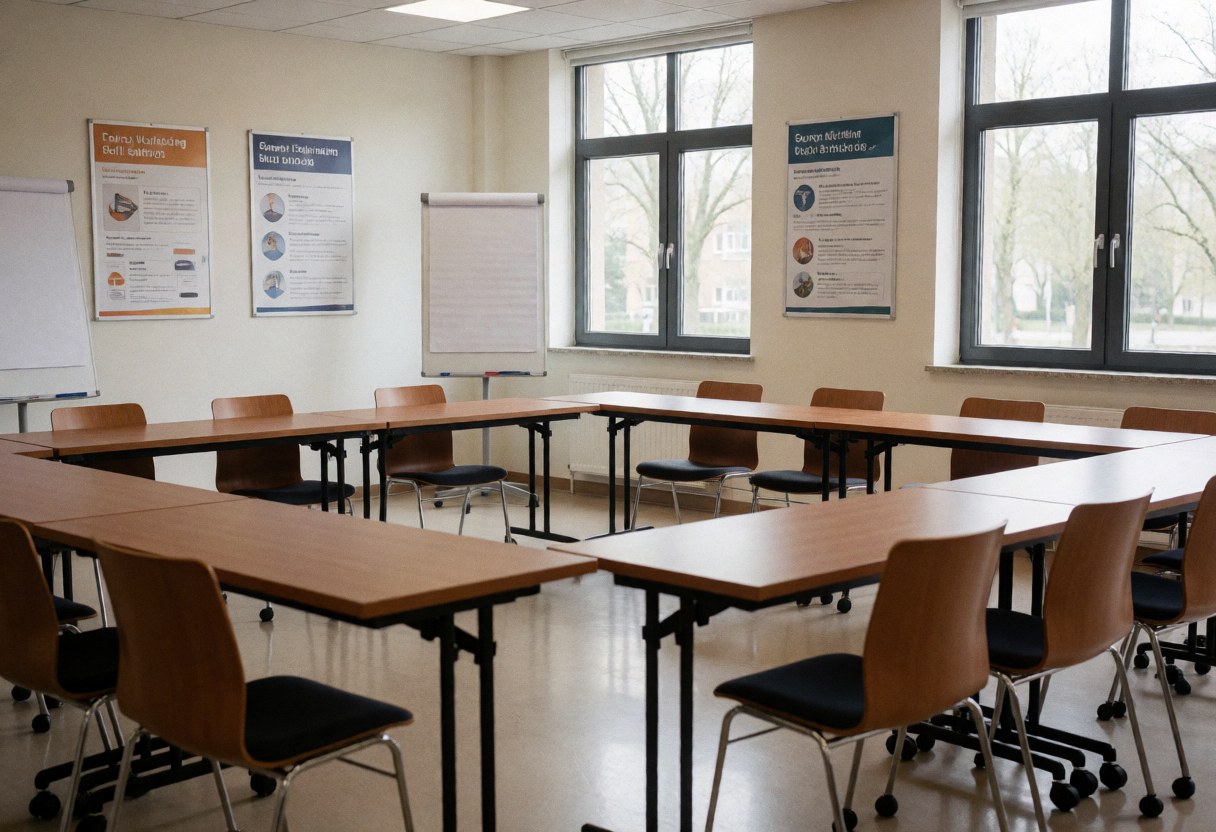 Empty training room featuring U-shaped tables, chairs, educational posters, and windows. Ideal for professional presentations, meetings, and corporate training sessions.