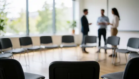 A bright modern meeting room with wooden tables, chairs, and large windows letting in natural light, ideal for business training and professional presentations.