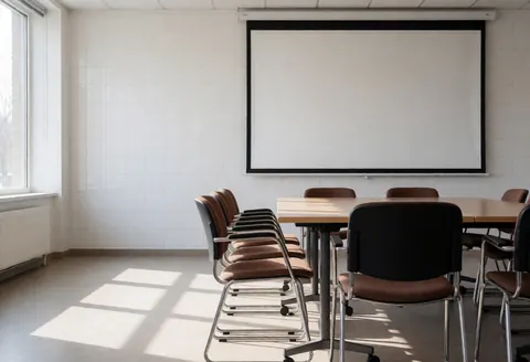 Professional conference room featuring a table, chairs, and a projector, illuminated by natural light from a window, suitable for corporate presentations and training sessions.