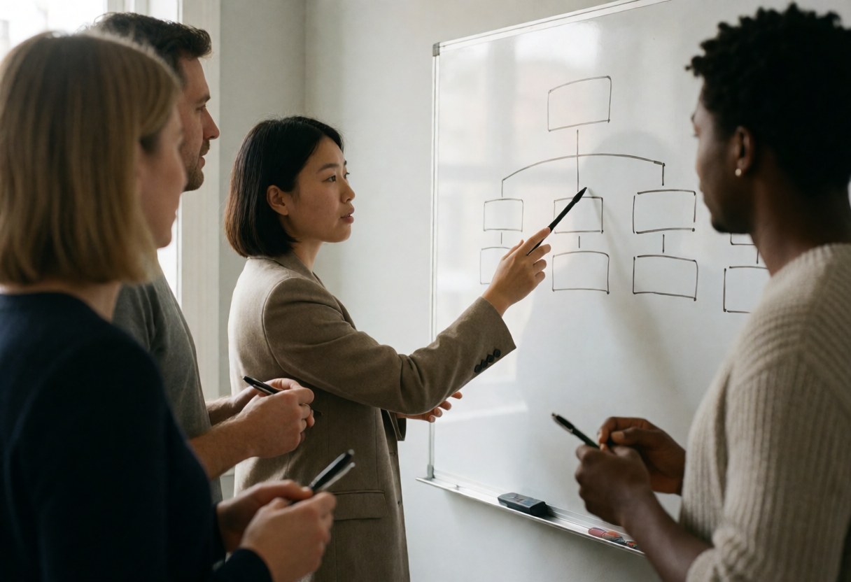 Group of attentive professionals participating in a training session with an organizational chart on a whiteboard in a bright office with natural light.