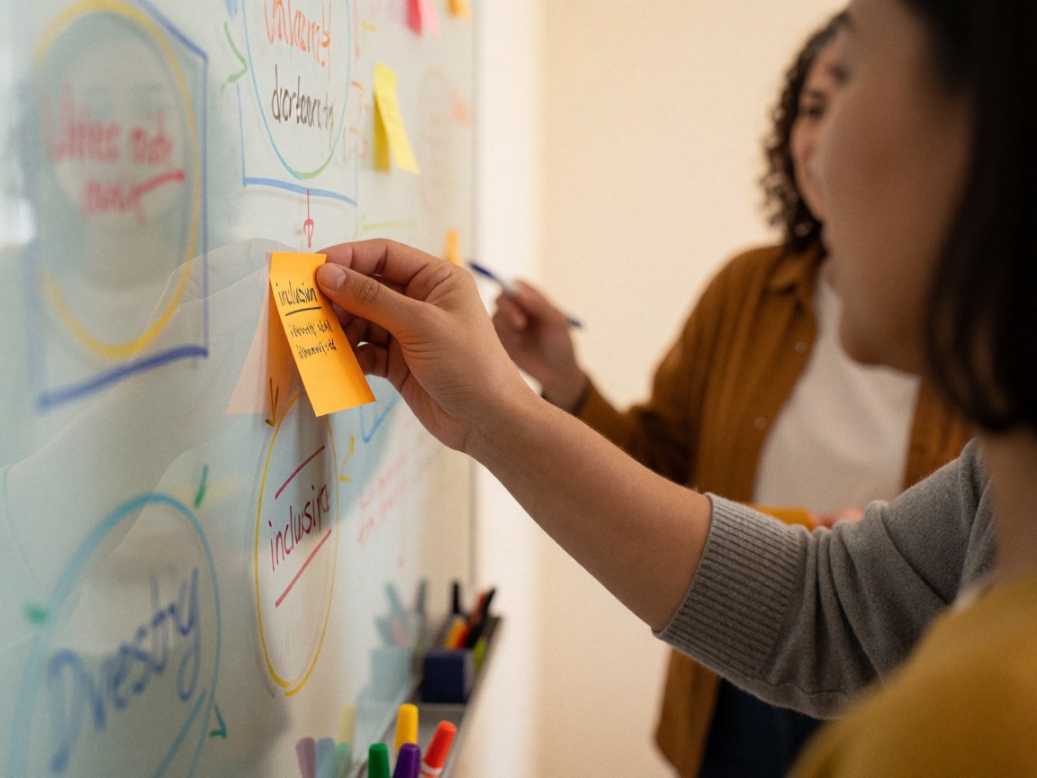 Hand placing an orange sticky note with inclusion text on a whiteboard with diagrams while another person writes in the background during a professional training session