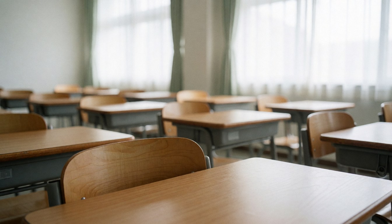 Empty language classroom featuring wooden tables and chairs near a window with soft natural light, ideal for educational text overlays