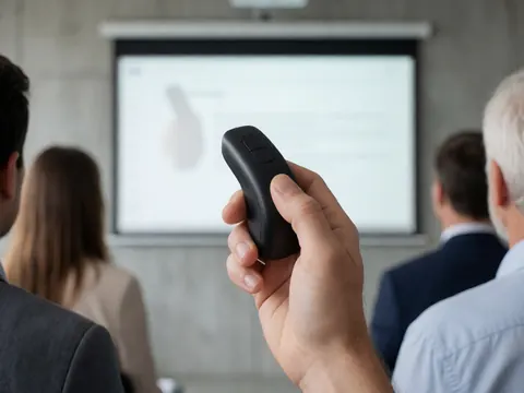 Close-up of a professional hand holding a sleek presentation clicker, ready to control slides during a business meeting or training session.