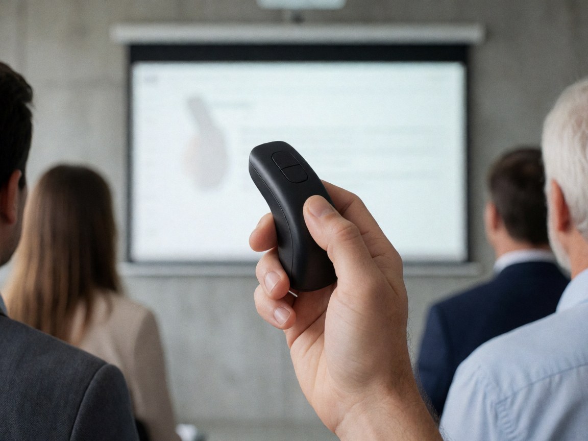 Close-up of a professional hand holding a sleek presentation clicker, ready to control slides during a business meeting or training session.