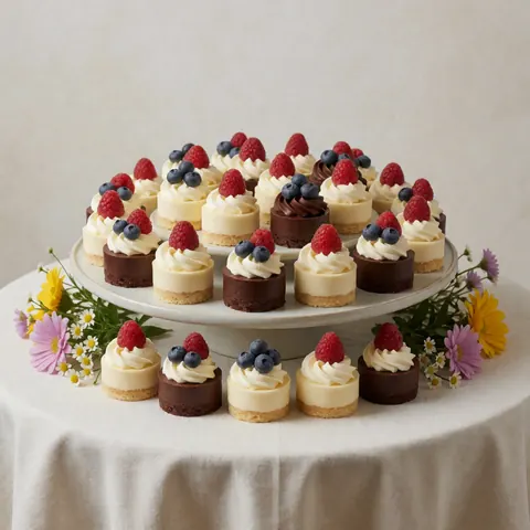 Mini desserts with cream, chocolate, and fresh berries displayed on a white tiered stand with a floral tablecloth and soft lighting for catering events