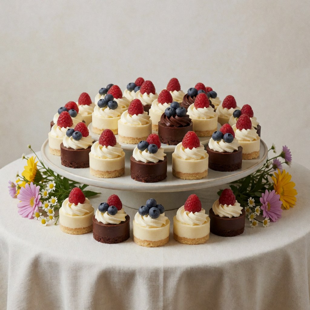 Mini desserts with cream, chocolate, and fresh berries displayed on a white tiered stand with a floral tablecloth and soft lighting for catering events