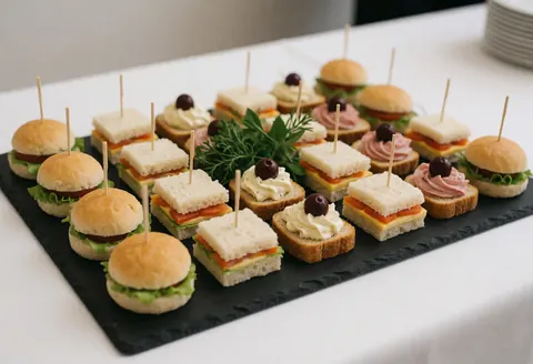 Black plate holding assorted canapes and mini sandwiches garnished with fresh herbs, ready for catering events or professional gatherings