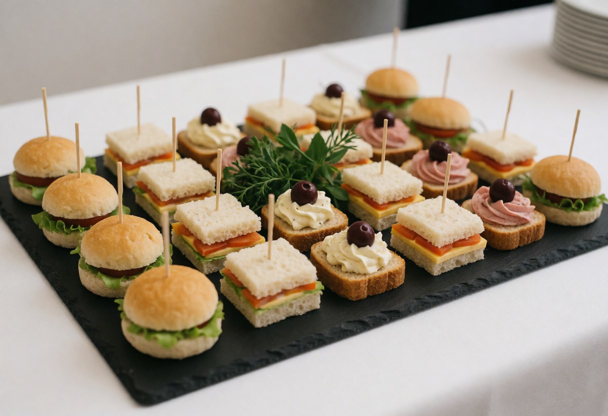 Black plate holding assorted canapes and mini sandwiches garnished with fresh herbs, ready for catering events or professional gatherings