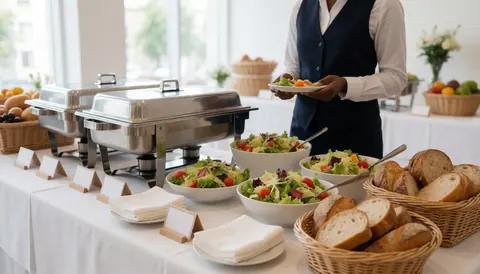 A buffet table set up for a corporate event featuring fresh salad and bread in serving bowls