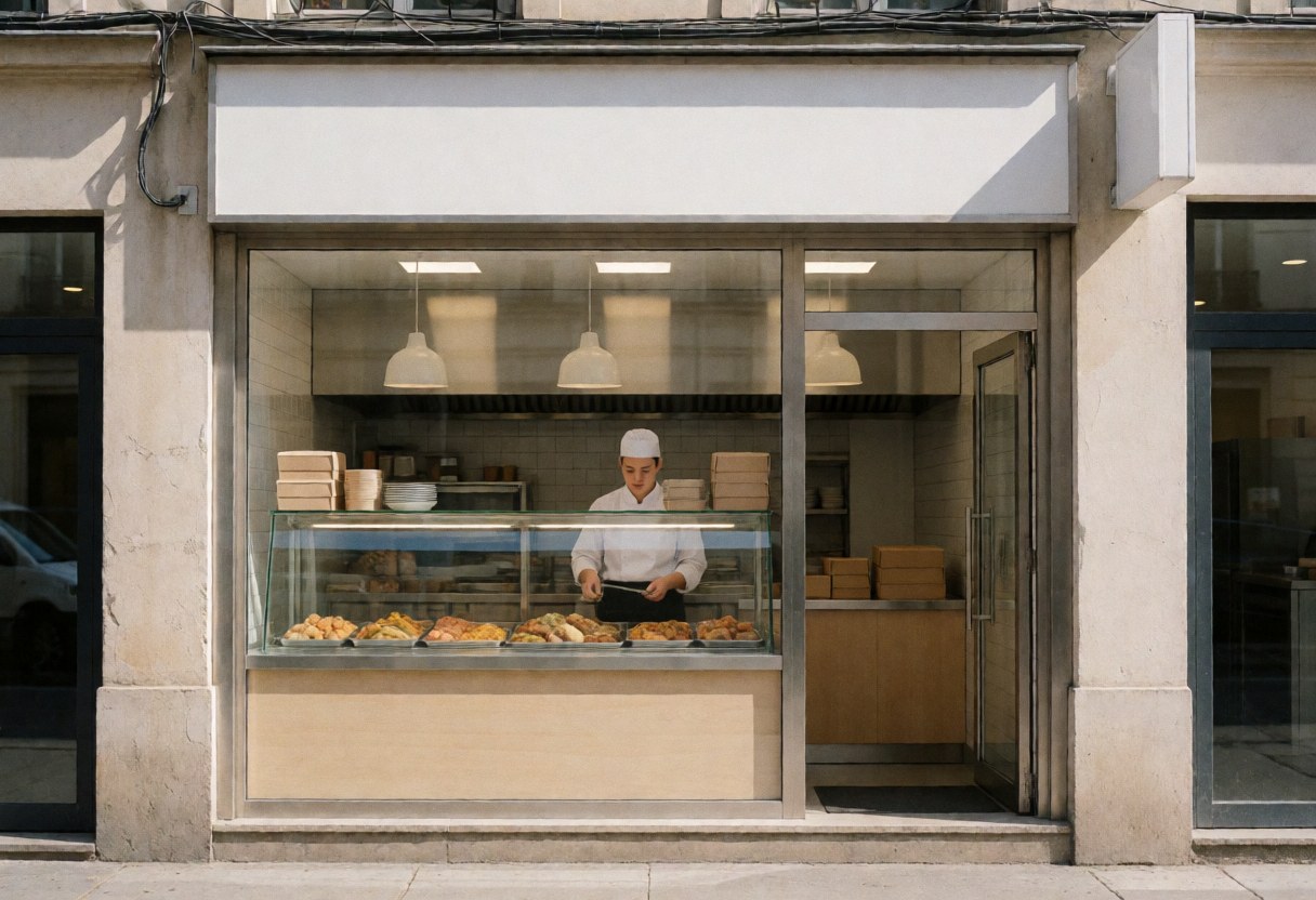 Sunlit exterior view of a catering shop storefront featuring large display windows and an inviting entrance on a clear day