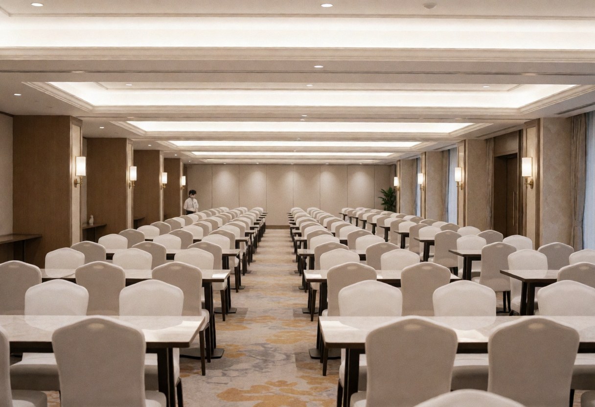 An elegant empty event hall featuring round tables with white tablecloths, chairs, and warm lighting against neutral walls.