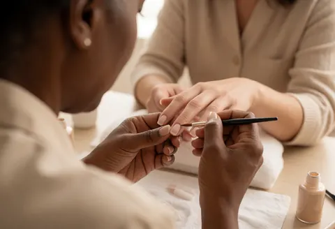A close-up view of a professional manicurist applying french tip nail polish with a fine brush in a warmly lit salon setting.