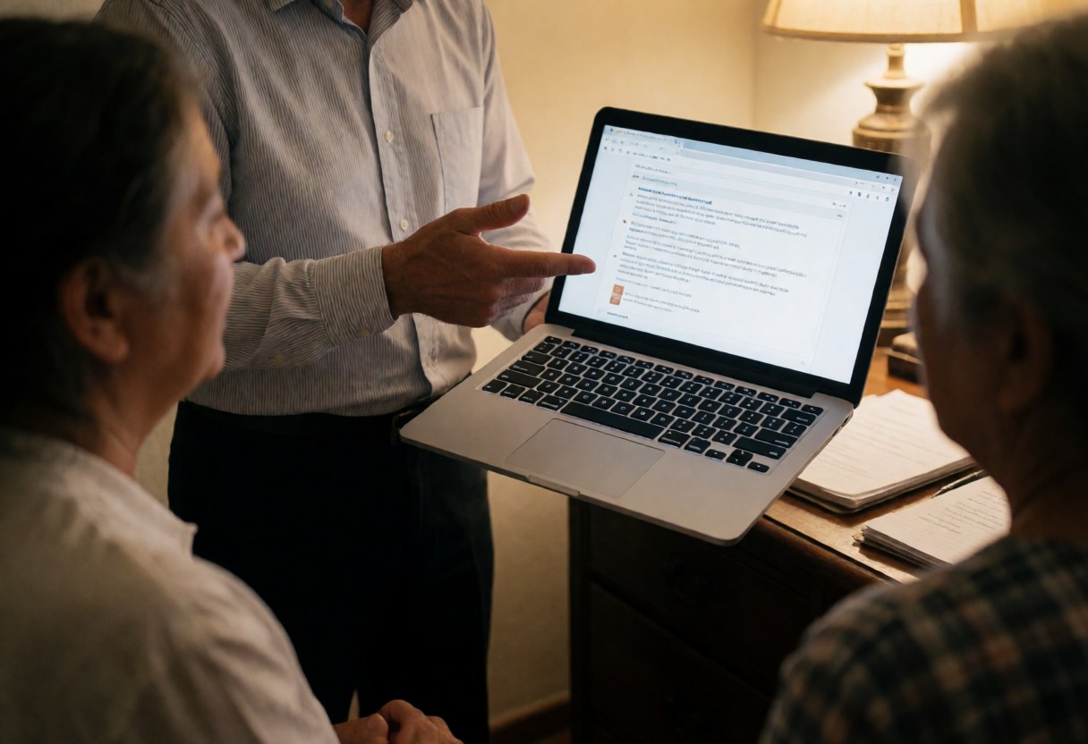 Professional attorney reviewing legal papers with two seated clients in a warmly lit office setting