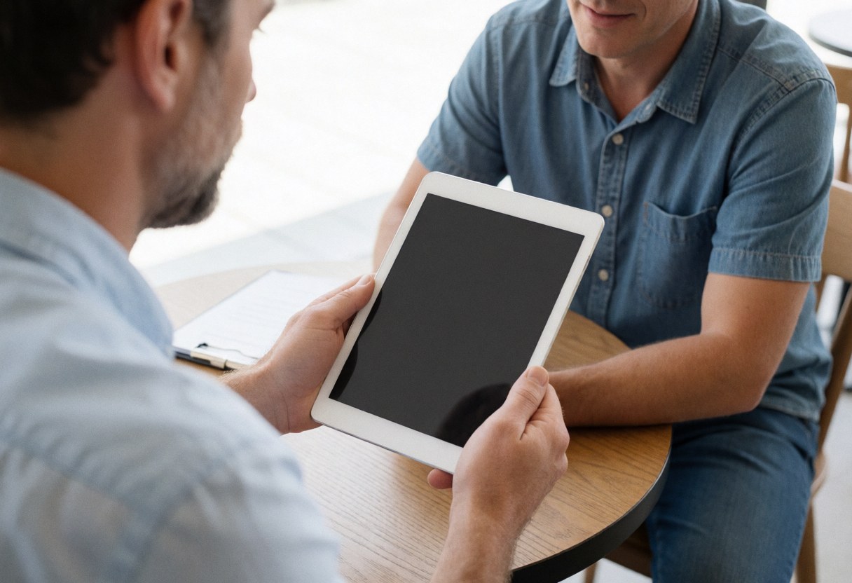 A professional attorney reviews a legal document on a tablet during a client consultation at a modern office table.