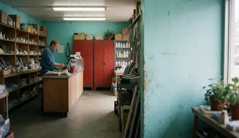 A quiet hardware store interior at dawn with tools, shelves, and a counter visible under fluorescent lighting