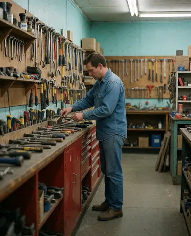 A man in jeans and a shirt organizes hand tools like hammers and wrenches on shelves in a hardware store workshop with turquoise walls and concrete floor.