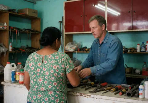 A man in a blue shirt helps a woman in a floral blouse at a hardware store counter filled with tools and supplies.