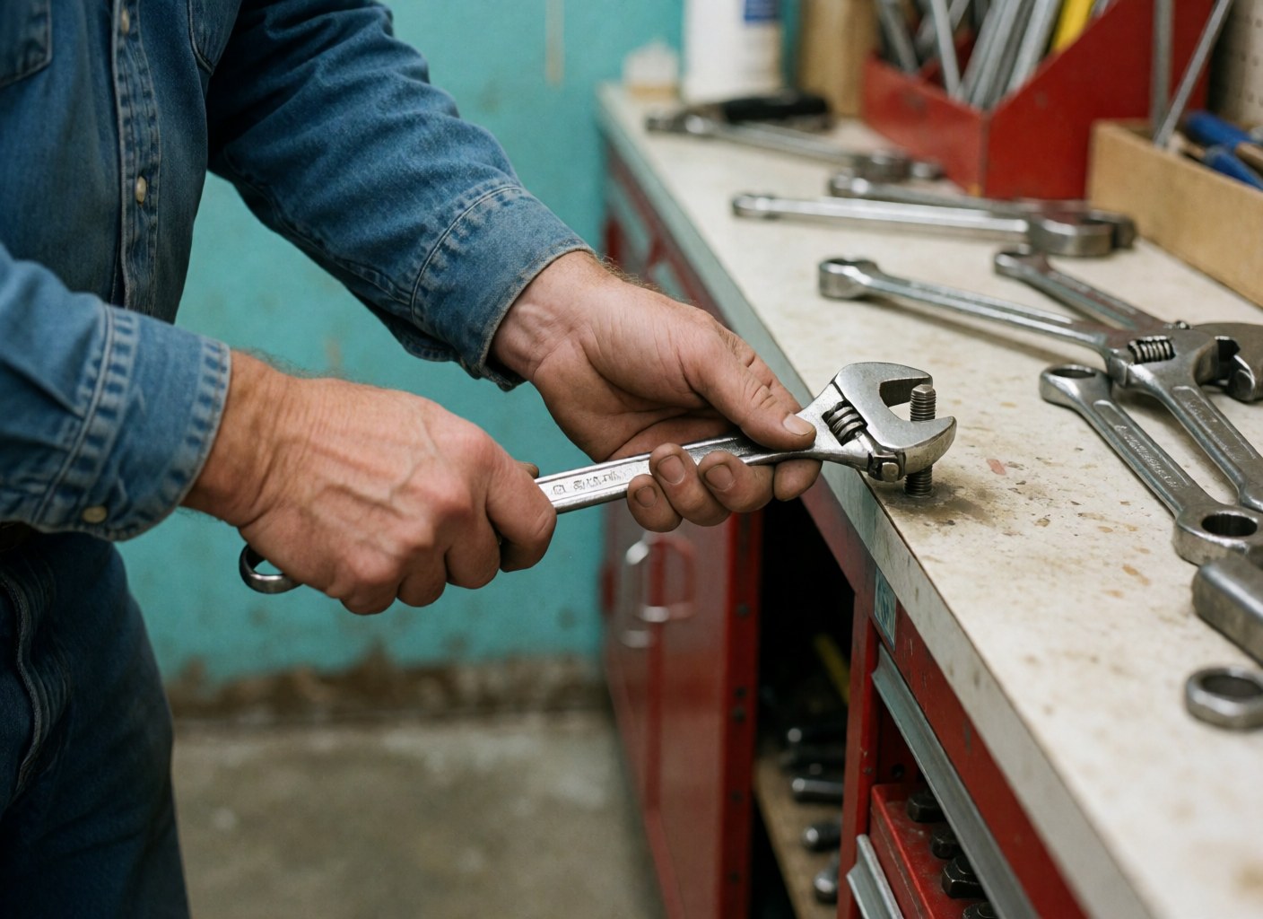 Close-up view of skilled hands using a wrench to tighten a bolt on a workbench in a hardware store setting