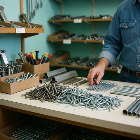 Close-up of a hardware store counter displaying a pile of screws and nails, with turquoise walls and wooden shelves holding tools in the background.
