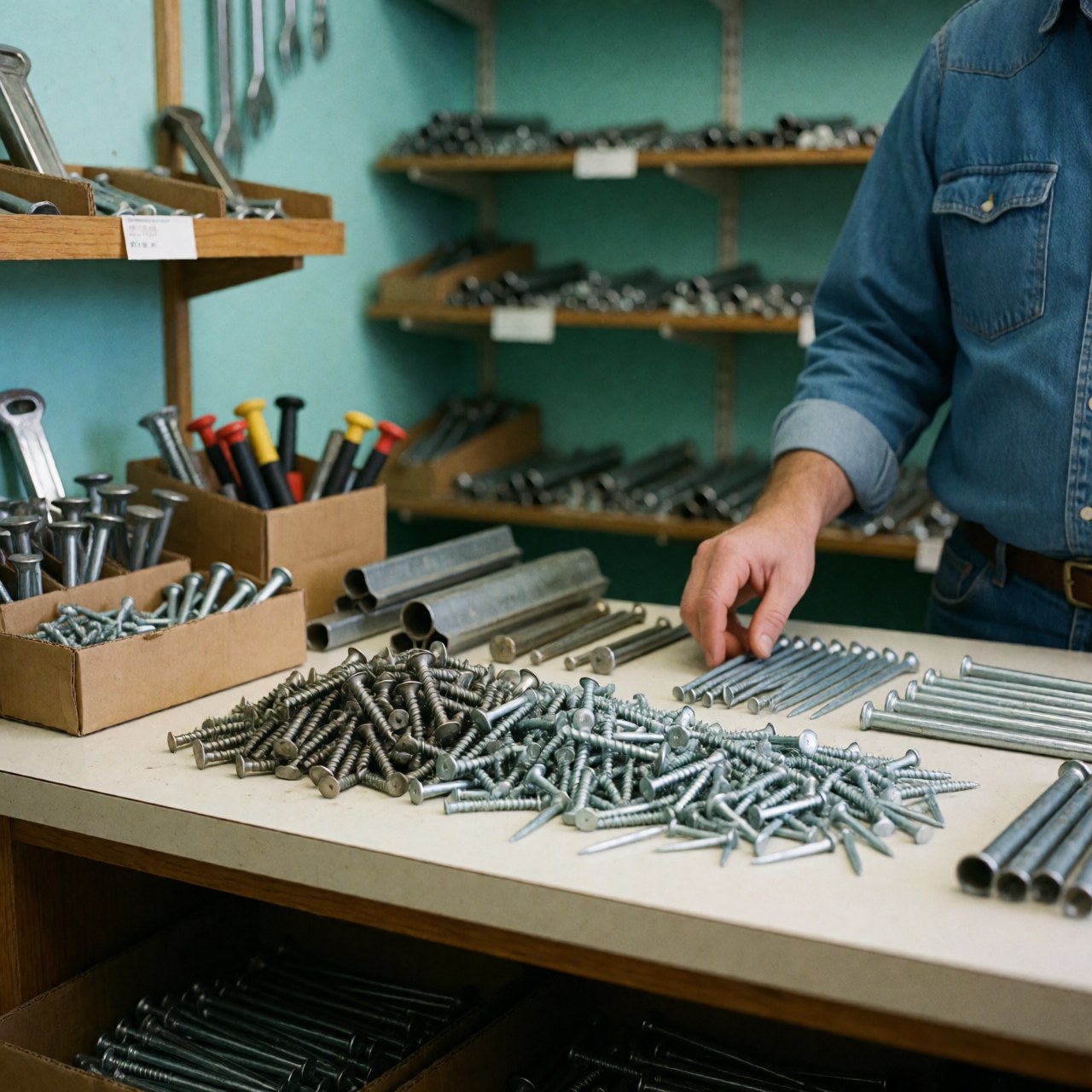 Close-up of a hardware store counter displaying a pile of screws and nails, with turquoise walls and wooden shelves holding tools in the background.