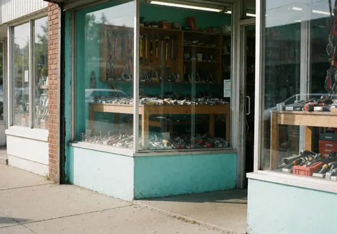 Close-up view of a hardware store entrance featuring wooden walls, concrete sidewalk, and visible tools like hammers and wrenches in the window display.