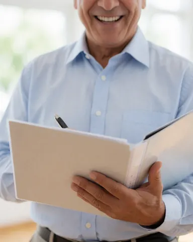 Smiling older man in an office holding a document folder and pen, conveying professional satisfaction and trust in legal services.