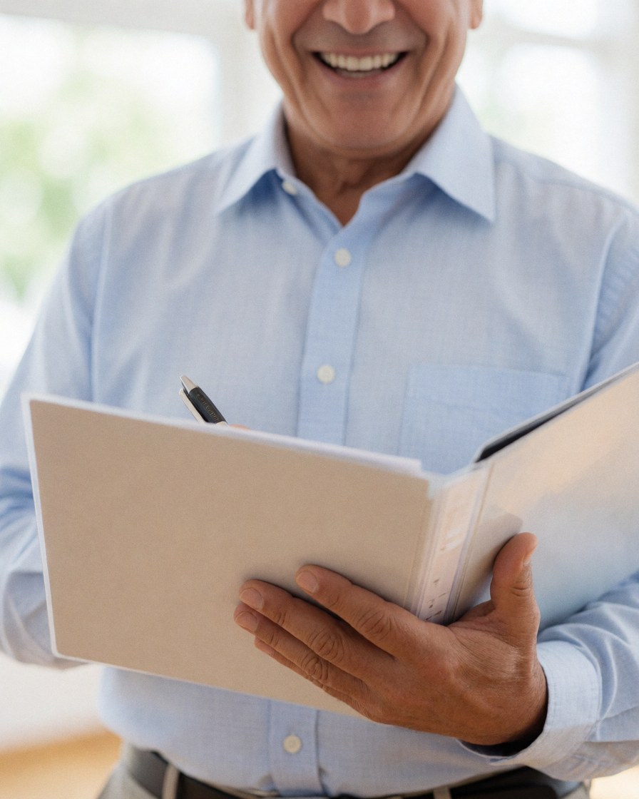 Smiling older man in an office holding a document folder and pen, conveying professional satisfaction and trust in legal services.