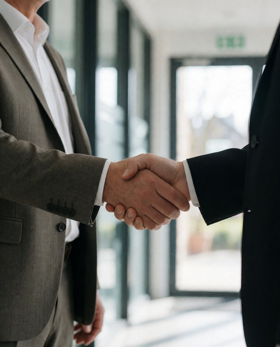 A lawyer and a happy client shaking hands in a bright modern office hallway, symbolizing a successful professional agreement and trust.