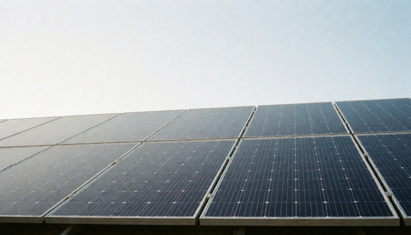 Solar panels installed on a roof against a clear blue sky, providing ample copy space for text overlays in business contexts.