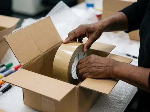 Close-up of hands wrapping objects in protective bubble wrap and placing them into cardboard boxes for safe transport during a relocation