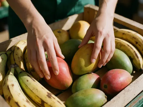 Close-up of hands picking fresh tropical fruits like mangoes and bananas from a wooden box under natural light, suitable for grocery store displays.