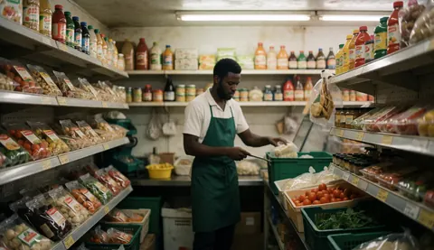 Cozy interior of a small neighborhood market featuring fresh produce, bottled goods, and wooden crates in a welcoming environment