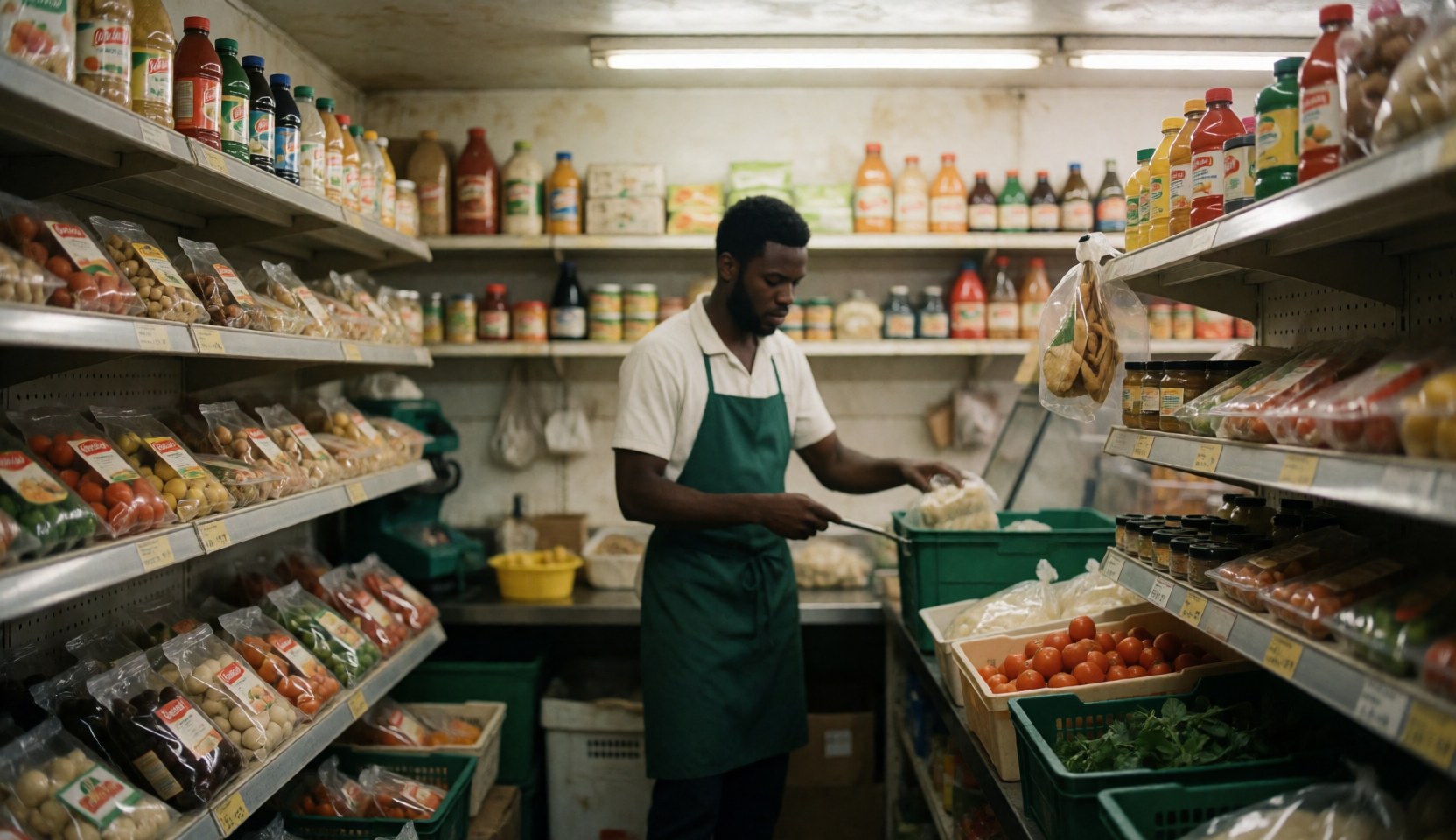 Cozy interior of a small neighborhood market featuring fresh produce, bottled goods, and wooden crates in a welcoming environment