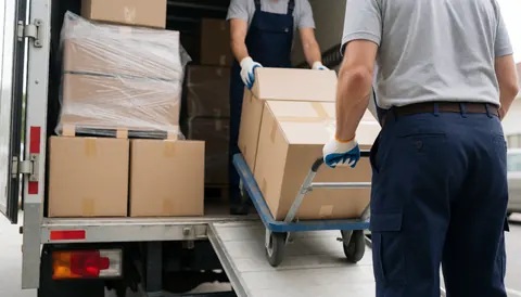 Two movers in work gloves loading boxes with a dolly into the back of a moving truck under natural light
