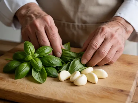 Close-up of hands chopping fresh basil and garlic on a wooden cutting board in a bright kitchen, ideal for grocery store and minimarket use