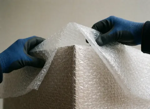 Close-up of hands wearing protective gloves carefully wrapping a cardboard box with bubble wrap for safe moving