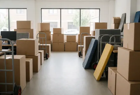A clean office interior prepared for opening, featuring stacked moving boxes, a dolly, a mattress, and organized furniture ready for business use