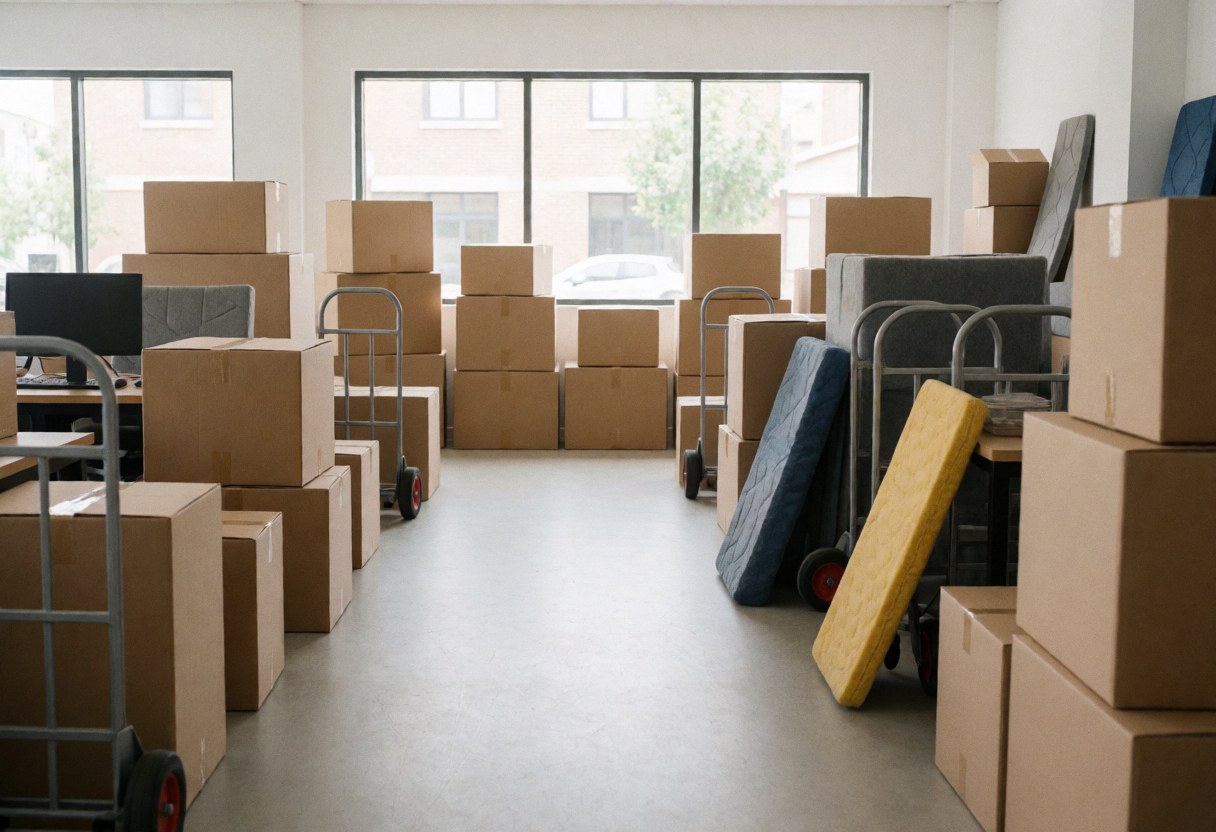 A clean office interior prepared for opening, featuring stacked moving boxes, a dolly, a mattress, and organized furniture ready for business use