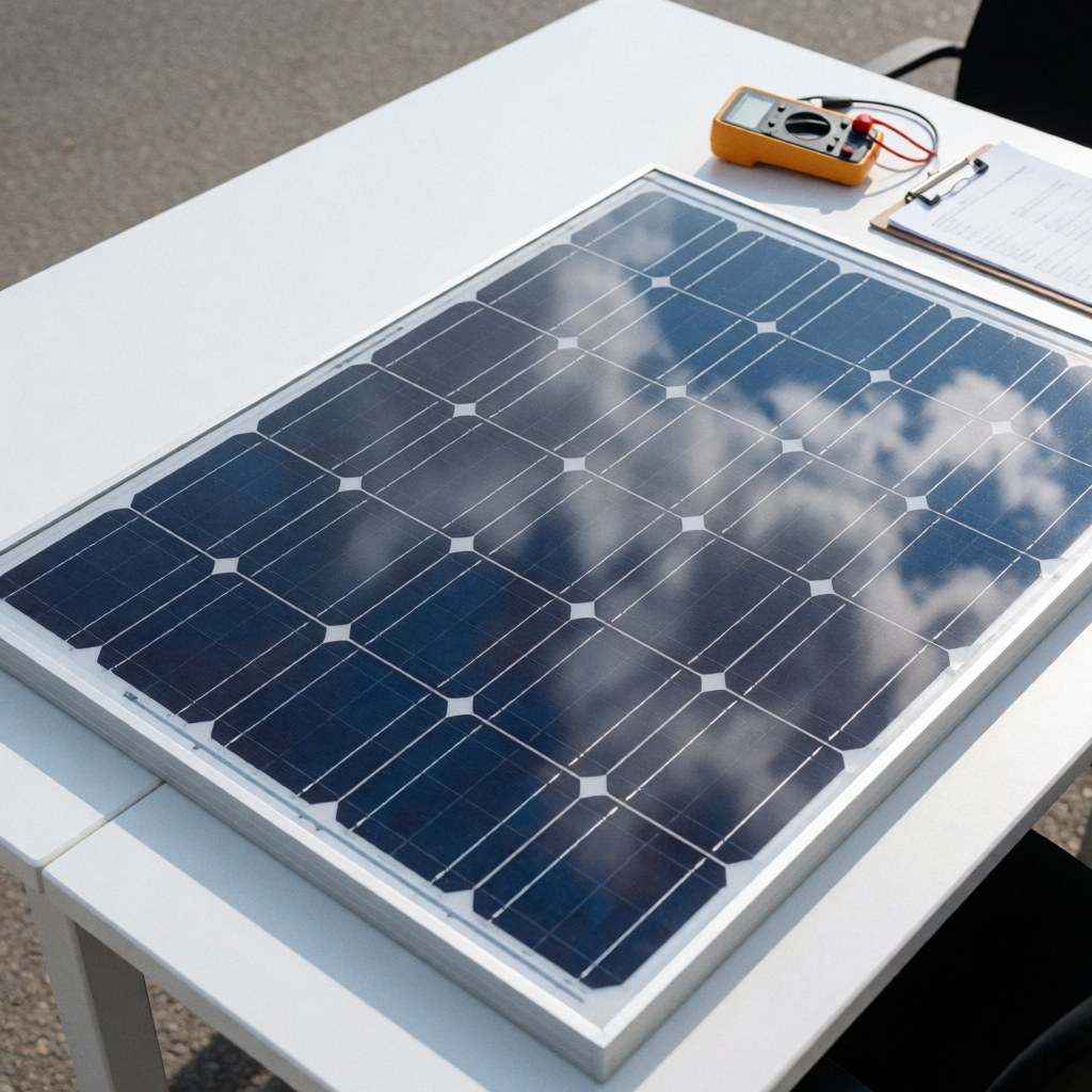 Photovoltaic solar panel on a white outdoor table reflecting clouds and blue sky, with a multimeter and portfolio for measurement and recording.