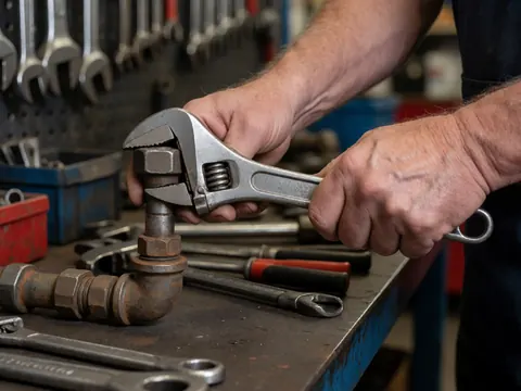 Close-up view of skilled hands using an adjustable wrench to tighten a threaded metal pipe fitting in a hardware store setting