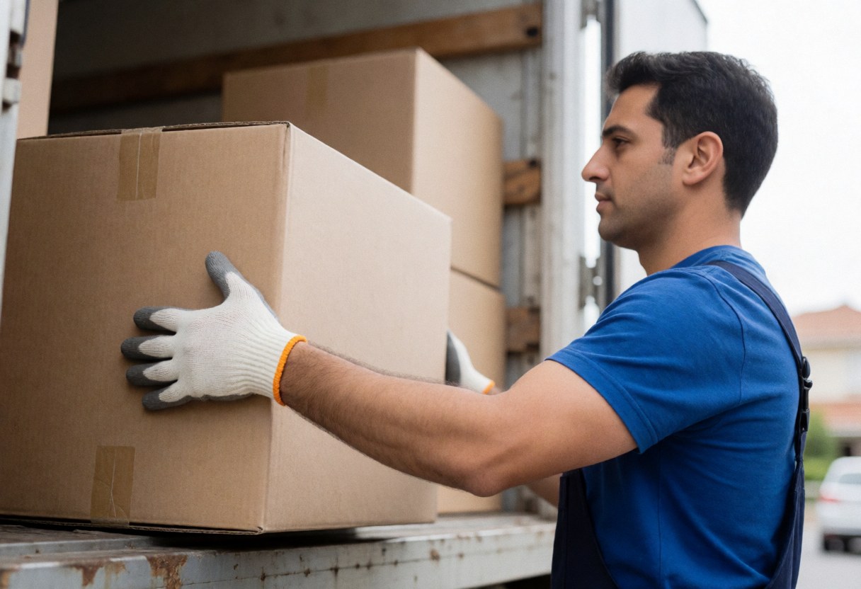 A man wearing gloves lifts a cardboard box into the back of a moving truck during an outdoor residential move.