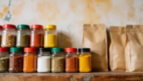 Soft focus background of spice jars and coffee bags on a wooden shelf with natural light and warm tones for commercial text