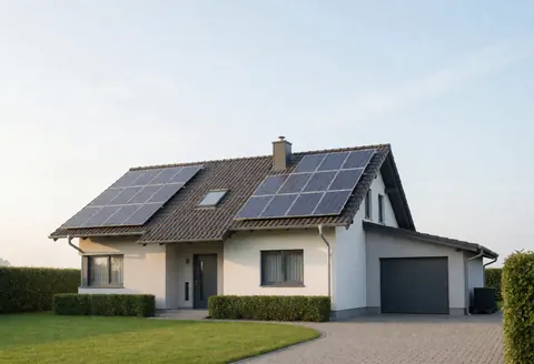 A modern house featuring solar panels installed on the roof, surrounded by a well-maintained garden with green grass and hedges, suitable for solar energy businesses.