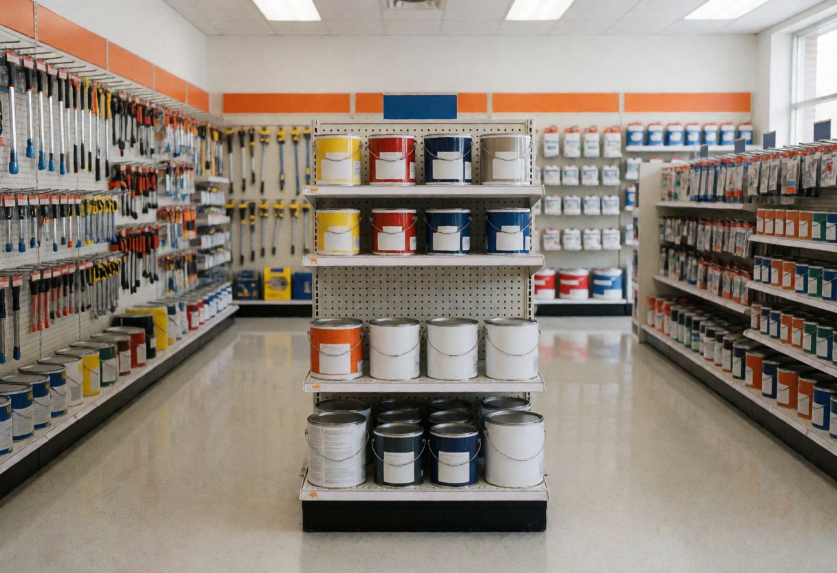 Interior view of a hardware store featuring organized shelves stocked with various paint cans and supplies, showcasing the retail space layout