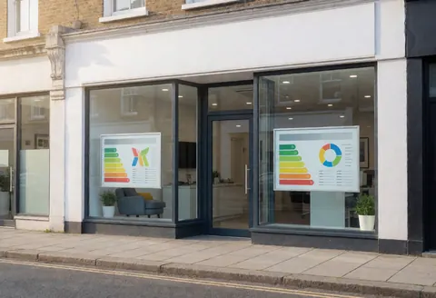 Modern solar energy office facade featuring large windows displaying energy efficiency graphics in a clean professional setting