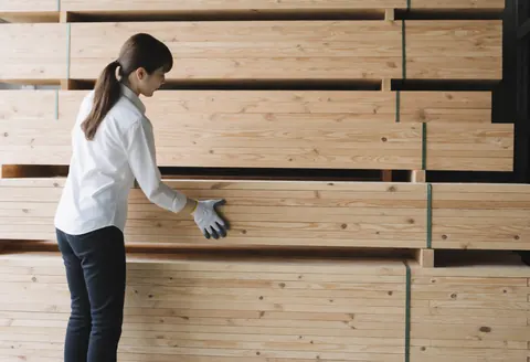 A woman wearing gloves organizes piles of lumber in a warehouse, showcasing professional hardware store service and manual labor in a well-lit workspace.