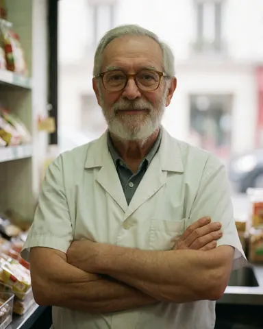 Smiling grocery store owner with arms crossed, wearing glasses and a beard, standing in his shop with natural light and product shelves.