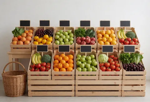 Fresh fruits and vegetables arranged in wooden crates at a market with a wicker basket on the floor